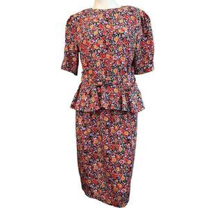 LENI LENI Large Belted Peplem Top And Skirt Set Bright Colors Floral USA Vintage